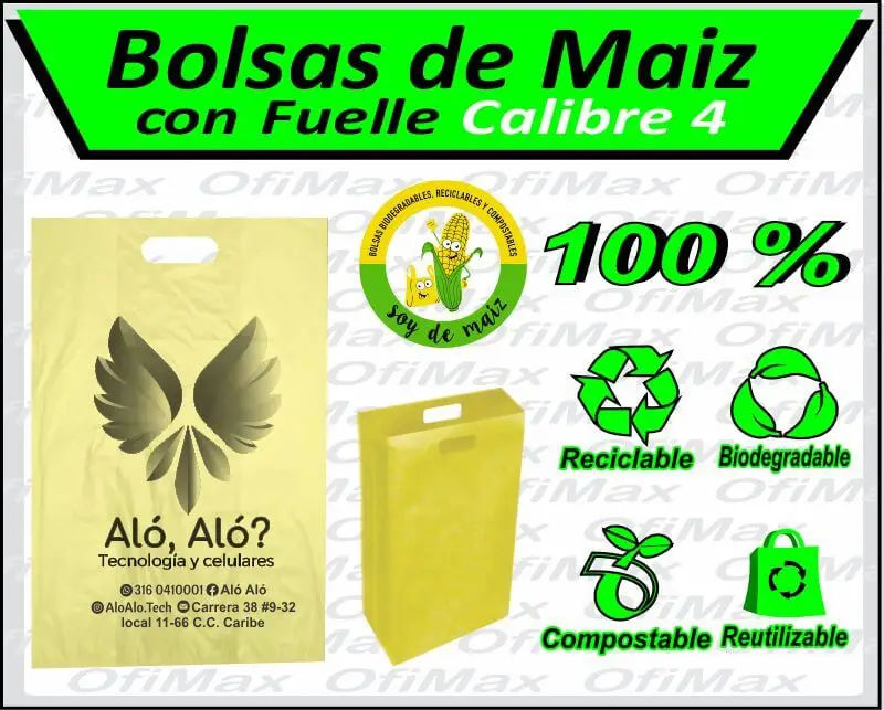 bolsas compostables ecologicas vegetales de maiz con fuelle de 4, bogota, colombia